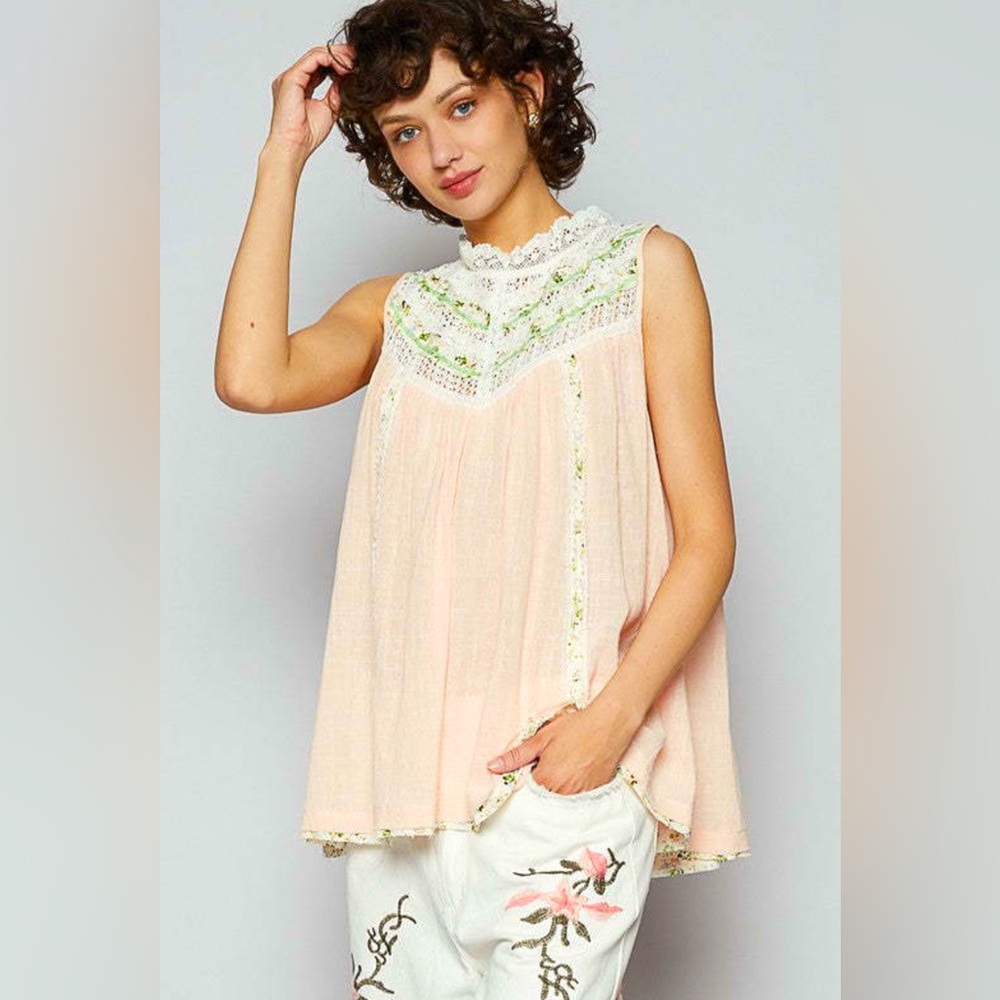 POL Soft Pink Boho Sleeveless boho lace detail tunic top - Picture 4 of 6